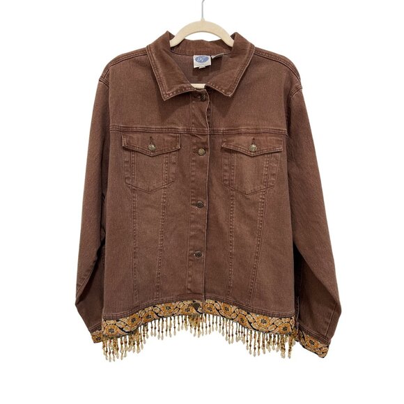 DG2 By Diane Gilman Jacket Plus Size 2X Button Front Beaded Fringe Hem Neutral - Picture 1 of 6